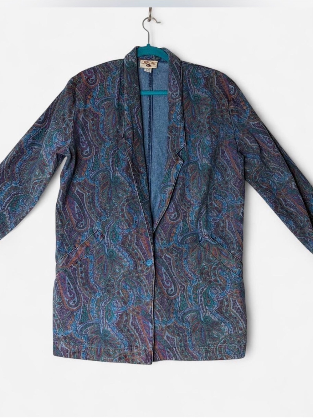 Vintage 80s Cherokee Paisley Denim Blazer Jacket Blue Teal Plum Oversized 12-33